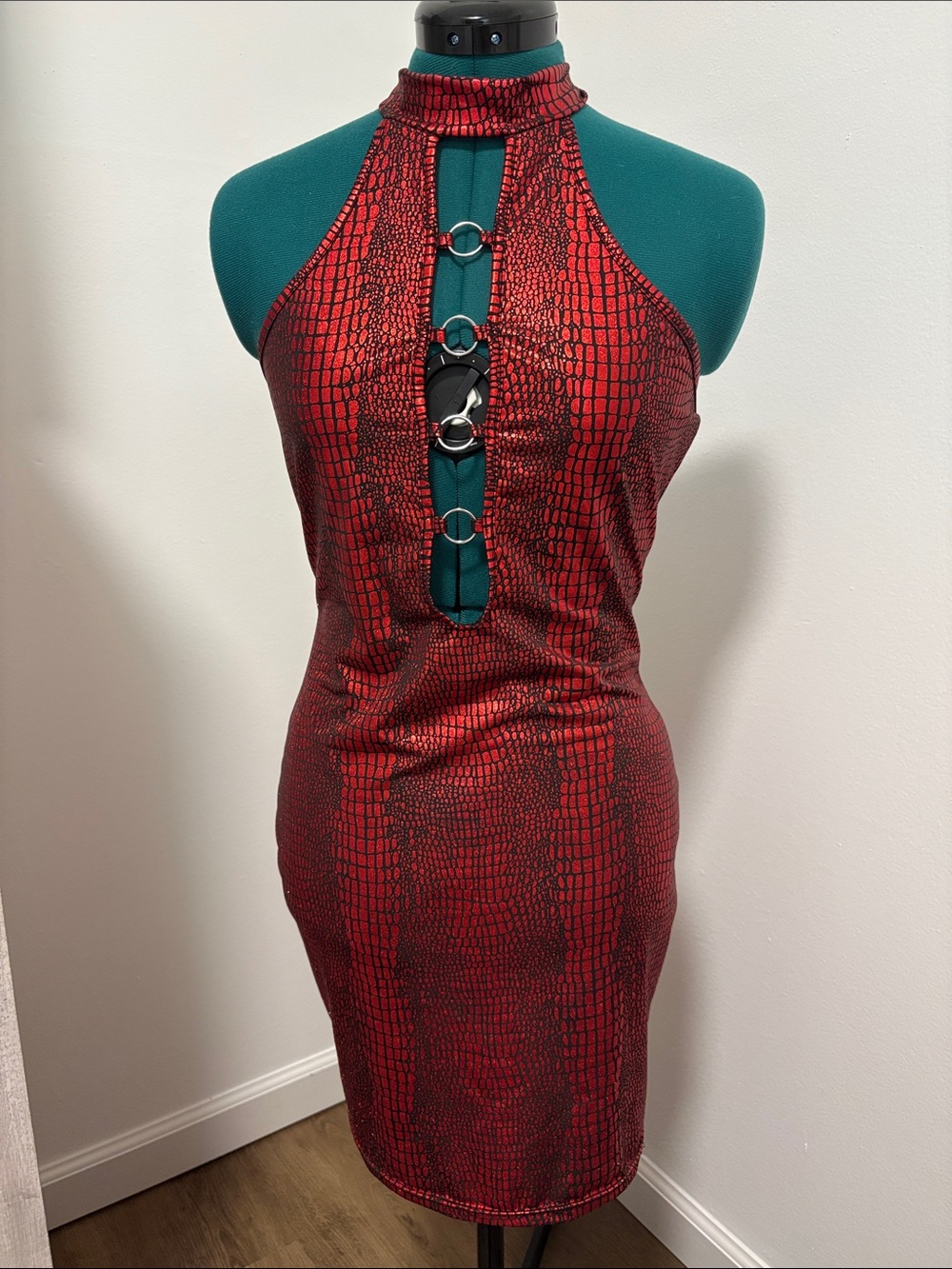 SHEIN Red Croc-Print Halter Midi Dress with Ring Front Details